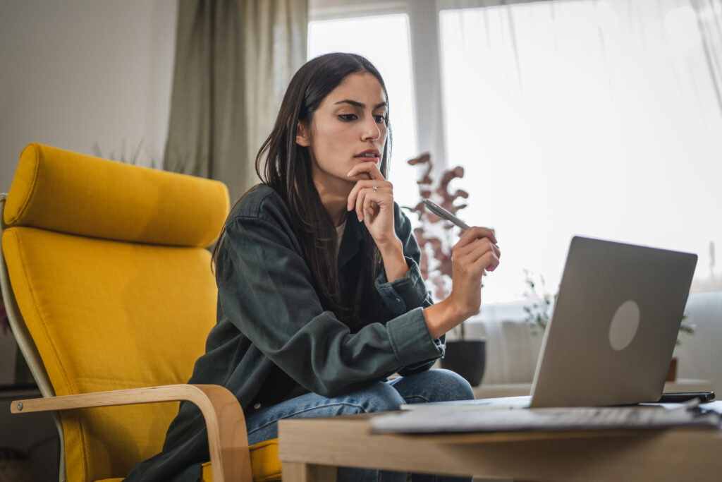 Adult Exhausted Stressed Caucasian Woman Work From Home And Use Laptop
